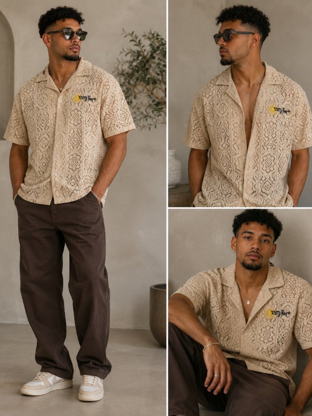 New VeryRare Men's Beige  Crochet Short Sleeve Shirt - L